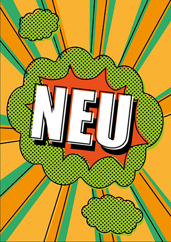 Cartoon Schild mit Aufschrift: Neu