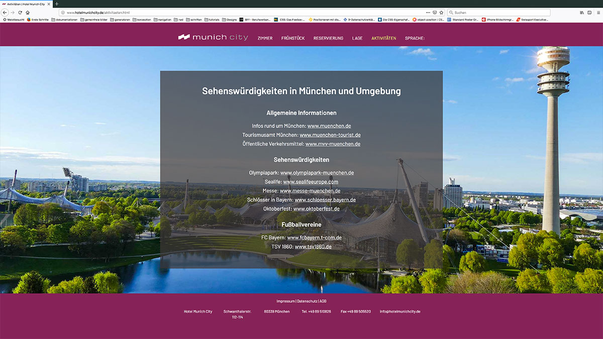 Screenshot Hotel Munich City Aktivitäten Seite